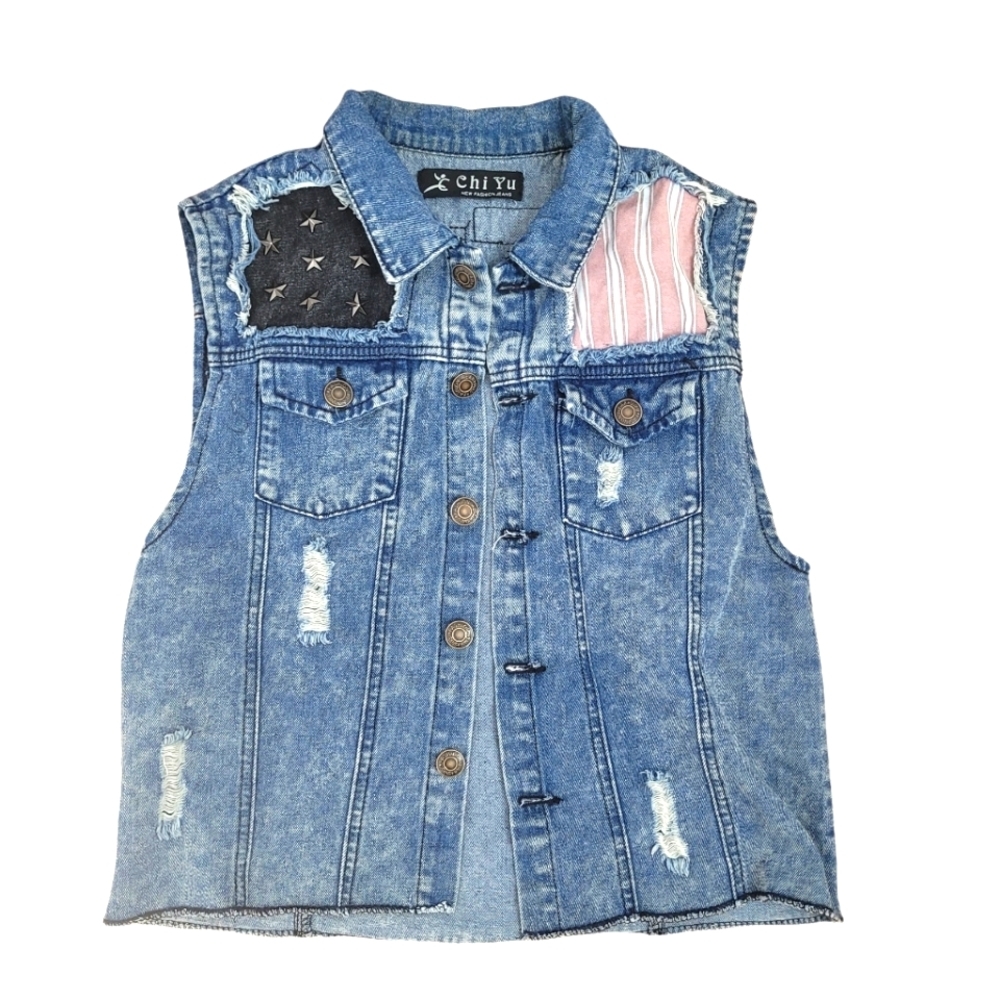 Distressed denim button down vest with patches and studs